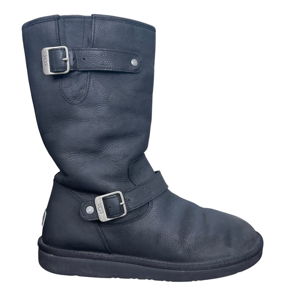 UGG Sutter Black Leather Buckle Moto Winter Boots Size US 11